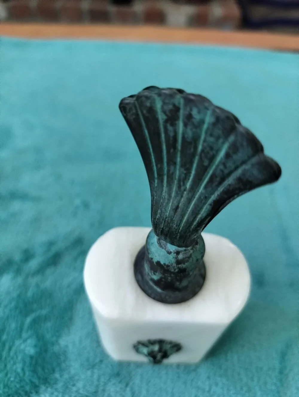 Vintage Italian Alabaster Desk Paperweight - Verdigris Lion Head & Fan Handle